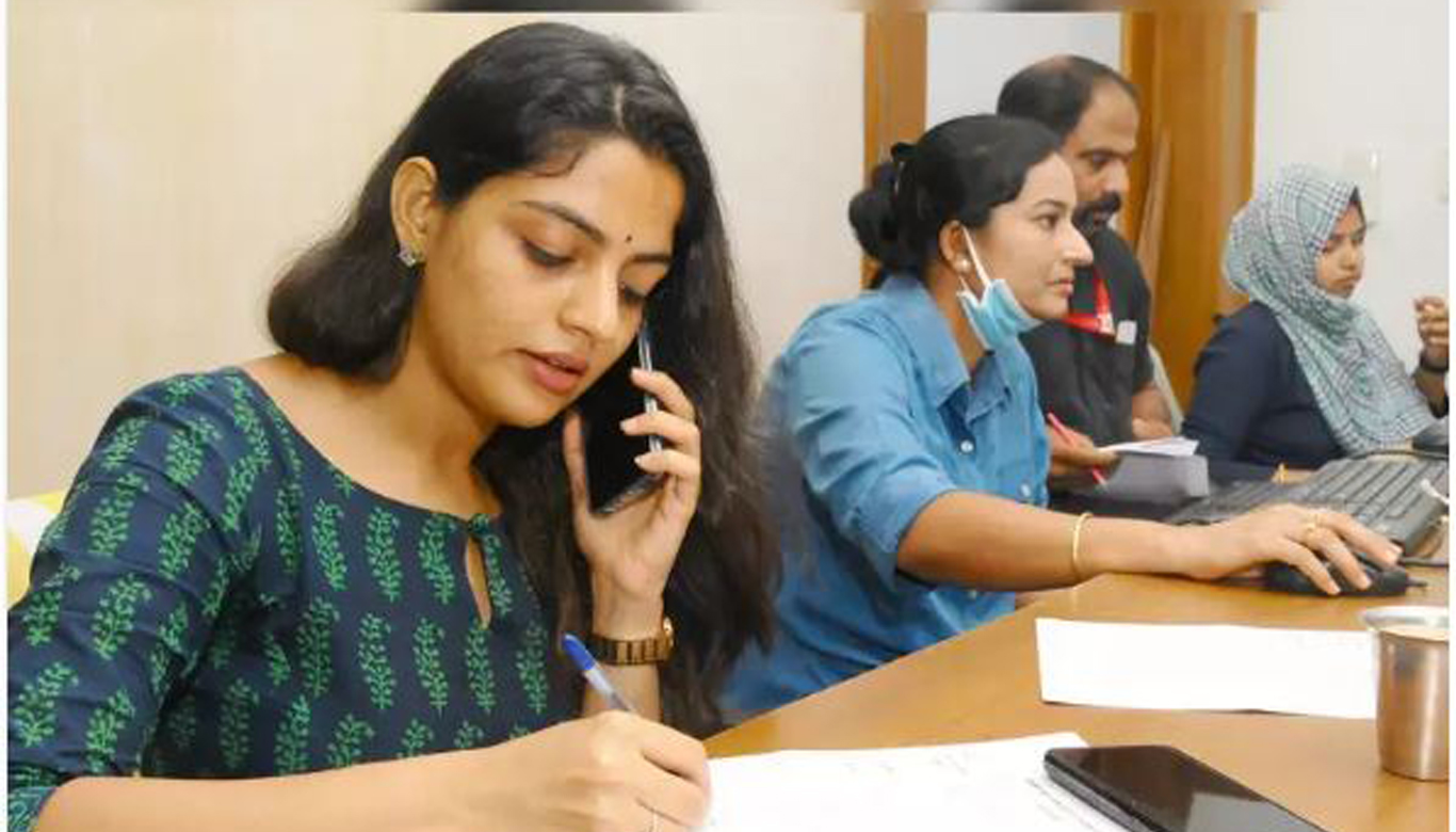 At the Kannur corona call centre, Nikhila Vimal supports