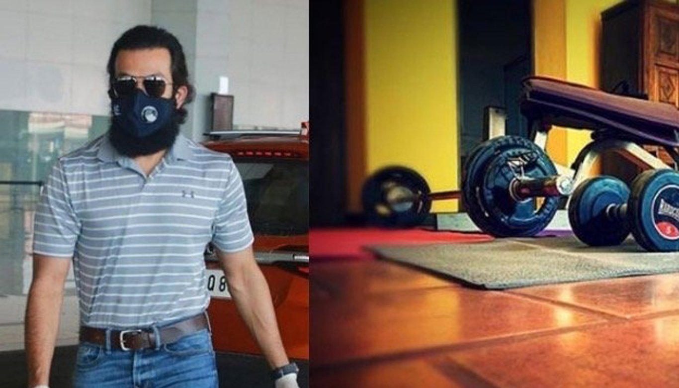 Prithviraj sets up a smaller than normal exercise center in his isolate room 